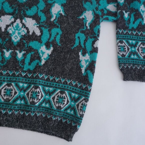 Vintage Grey Green Floral Knit Crewneck Fair Isle Fisherman Sweater S - Picture 6 of 10